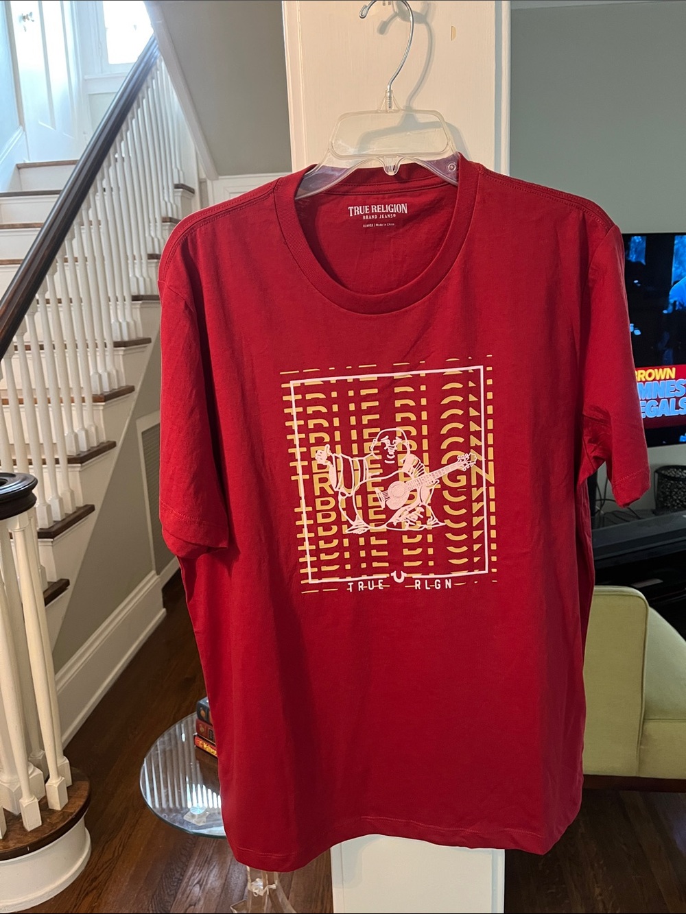 New True Religion Red Graphic Crew Neck Tee with Yellow Chest Design